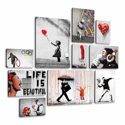 Giallobus - Satz von 10 mehrteiligen Gemälden - Banksy - Sammlung 1 - MDF-Holz - | 2 x 42x29,7cm | 4 x 29,7x21cm | 4 x 21x14,85cm | - Fertig zum Aufhängen – Gemälde für zu Hause