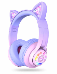 iClever Bluetooth Kopfhörer Kinder, Katzenohr LED Leuchten, Kabellose Kinder Kopfhörer über dem Ohr mit MIC, 74/85dBA Begrenzte Lautstärke Farbverlauf Rosa