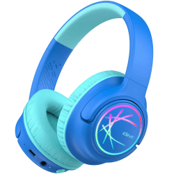 iClever Bluetooth kopfhörer Kinder mit LED-Leuchten, 74/85dBA Lautstärkebegrenzung, 43 Stunden Spielzeit, Stereo-Sound, Typ-C, AUX-Kabel, Bluetooth5.3 Kinderkopfhörer für Tablet/Reisen Blau