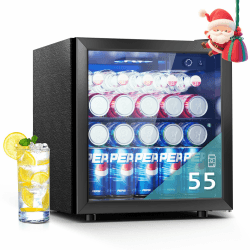 EUHOMY Getränkekühlschrank, Mini Kühlschrank mit Glastür, Bierkühler, Tisch-Getränkekühlschrank für 55 Dosen, Schwarz Freistehender Kühlschrank mit LED, 38dB, für Büro, Zimmer, Bar, 36L, Geräuscharm 36L-Schwarz