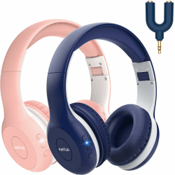 EarFun Bluetooth Kopfhörer Kinder [2er-Pack], 85/94dB Lautstärkeregelung, HiFi Sound, HD-Mikrofon, 40 Std Akku, Faltbare, Einstellbar, Kopfhörer Kabellos für Schule/Reise/PC, mit Sharing Splitter altrosa und marineblau