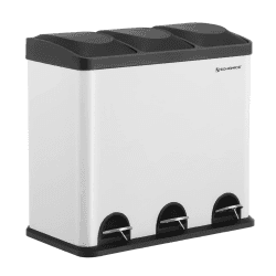SONGMICS Mülleimer für die Küche, 54 Liter, Abfalleimer, Treteimer mit 3 Fächern, Inneneimern und 6 Aufklebern für Mülltrennung, Mülltrennsystem, Legierter Stahl, Weiß-schwarz, 60,4x30x56,3 cm (LxBxH)