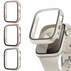 Lovmunia 3-Stück Schutzhülle mit Displayschutzfolie Kompatibel mit Apple Watch Series 9/8/7 41mm, Rundum Ultradünne Hard Gehäuse Eingebaut Kratzfest Gehärtetes Glas Schutzfolie für iWatch 41mm Rosa/Roségold/Polarstern 41mm