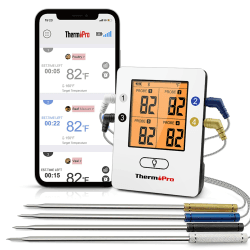 ThermoPro Bluetooth 5.0 Digital Bratenthermometer Grillthermometer Funk Fleischthermometer mit 4 Sonde für BBQ, Garraum, Smoker, Steak, Unterstützt IOS, Android, Reichweite bis zu 150m 4 Sonden