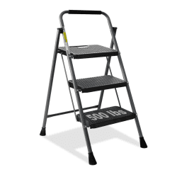 HBTower Trittleiter 3 Stufen klappbar, Leiter mit Breitem Anti-Rutsch-Pedal, Trittleiter mit Bequemer Handlauf, Tragbarer Tritthocker aus Stahl, Grau Grau 3-Stufen