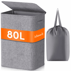Lifewit 80L Pfandflaschen Sammelbehälter mit Deckel, faltbar und wasserdicht mit Griffen, Groß Flaschensammler mit 2 Flaschentasche, Flaschensammler mit Loch Küche Abstellraum Flaschentasche, Grau Grau 80L