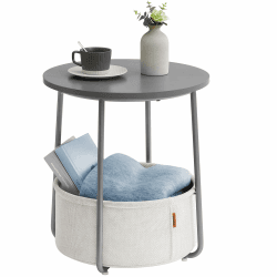 VASAGLE Beistelltisch rund, Kleiner Tisch, Couchtisch klein, Wohnzimmertisch, Korb aus Stoff, Stauraum für Wohnzimmer Schlafzimmer, Nachttisch modern, zementgrau-cremeweiß LET223G49 Zementgrau + Cremeweiß