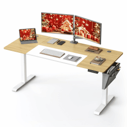 SONGMICS Höhenverstellbarer Schreibtisch elektrisch, 70 x 160 x (72-120) cm, stufenlos verstellbar, gespleißte Platte, Memory-Funktion mit 4 Höhen, pastellgelb-basisweiß LSD026N01 70T x 160B x (72-120)H cm Pastellgelb + Basisweiß