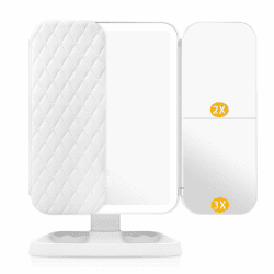 Auxmir Schminkspiegel mit Beleuchtung, 2000mAh Wiederaufladbarer Kosmetikspiegel mit 1X/2X/3X Vergrößerung, Tischspiegel mit 3 Lichtfarben und Touchschalter, Klappbarer Rasierspiegel, Weiß 1X/2X/3X-Wiederaufladbar