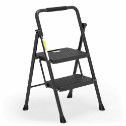 HBTower Trittleiter 2 Stufen klappbar, Leiter mit Breitem Anti-Rutsch-Pedal, Trittleiter mit Bequemer Handlauf, Tragbarer Tritthocker aus Stahl, Schwarz Schwarz 2-Stufen