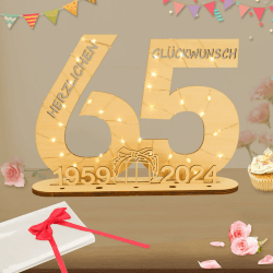 Seutgjie 2024 Geldgeschenke Geburtstag 65 Geburtstagszahlen Holz Schild Gästebuch mit LED Lichterkette Ständer und Kerzenhalter für 65 Jahre Mann Frau für Hochzeit Jubiläum Tischdeko 1959-2024 24-HS65