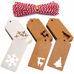 HAKACC Weihnachten Etiketten Anhänger, 150 Stück Geschenkanhänger Kraftpapier Tags Anhängeschilder mit Schnur für Dekorieren von Weihnachtsbaum, handgemachte Arbeit