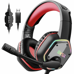 EKSA PC Headset mit Mikrofon, Gamer Headset Rot für PS5, 7.1 Surround Sound, RGB Kopfhörer mit Kabel, Noise Canceling Mic Kabelgebunden,Over Ear für Esports, PC, PS4/PS5 Console Laptop, Mehr Geräte