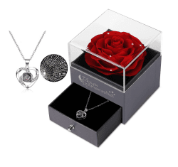 Geschenke für sie konservierte echte Rose Schublade Ewige handgemachte konservierte Rose mit Halskette 100 Sprachen Geschenk, verzauberte echte Rose Blume zum Valentinstag Muttertag (Rot mit Kristall)