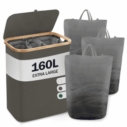 YOUDENOVA Wäschekorb mit Deckel 3 Fächer 160L Wäschesammler mit 3 Wäschesäcke Groß faltbarer Wäschesortierer Holz Bambus Wäschetruhe hoch Laundry Baskets, Dunkelgrau 160L Dunkelgrau