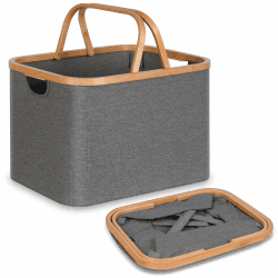 efluky Faltbarer Wäschekorb 43L, Bambus Stoff Faltbarer Storage Basket, Aufbewahrung Klappbar Wäschekorb, Laundry Baskets für Schlafzimmer Badezimmer (Grau, Klappbarer Griff) Grau-43l