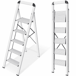 KINGRACK Stufenleiter, 5 Stufen, klappbare Stufenleiter mit Handlauf, rutschfeste Haushaltsleiter mit Klappsicherung, Aluminium Tritthocker, maximale Belastung 150 kg Silber 5 Stufen