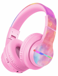 iClever Bluetooth Kinder Kopfhörer, Farbige LED-Leuchten, Kinderkopfhörer Over Ear mit 74/85dBA Lautstärkebegrenzung, 85 Stunden Spielzeit, Bluetooth 5.2, eingebautes Mikrofon, Tie-dye Rosa