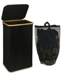 efluky Wäschekorb mit Deckel, 100 Liter hoher Wäschebox mit Bambus Henkel und Innentasche, faltbarer groß XXL Waschekorbsammler, Laundry Baskets für Schlafzimmer Badezimmer, schwarz Schwarz 100 Liter