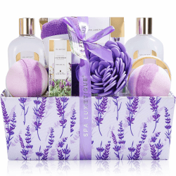 Geschenk für Freundin, SPA LUXETIQUE 12 tlg. Geschenkset Lavendelduft mit Badesalz, Badebomben, Duschgel, Handcreme, Duschkappe in der Stoffkiste, Geschenke zum Valentinstag, Weihnachtsgeschenke