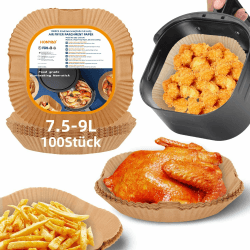 HONYAO Air Fryer Backpapier 23x23 cm, Dickeres XXL Papier für Heißluftfritteuse 7,5-9 L Quadrat 100 Stück Luftfritteuse Pergamentpapier Kompatibel mit Russell Hobbs, Princess, Euary Airfryer Quadrat 23x23cm