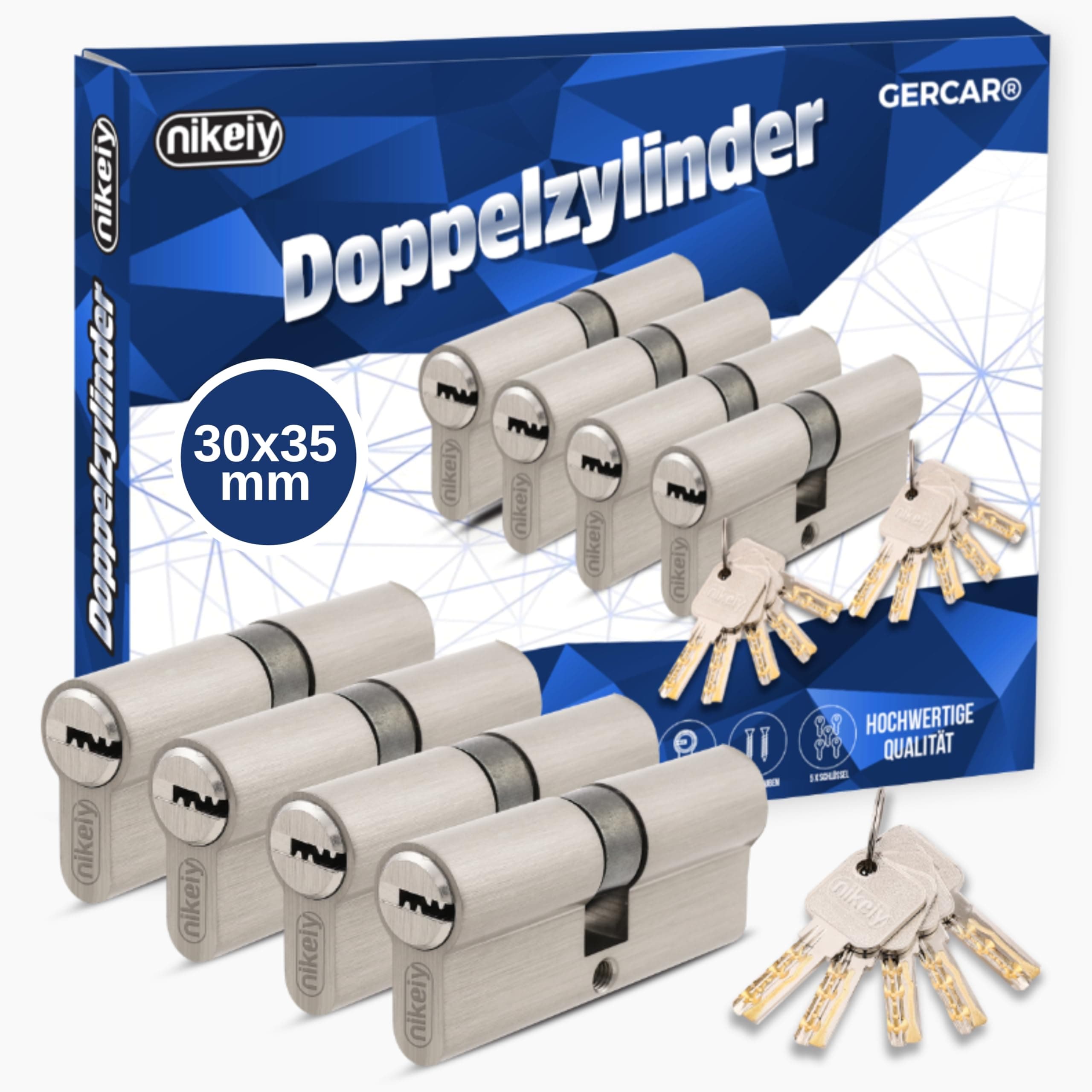 GERCAR Pro Profilzylinder 30/35 Massiver Schließzylinder gleichschließend 4er Set Doppelzylinder Zylinderschloss - Messing matt - inkl. 10 Schlüssel - Wendeschlüssel - Länge: 65 mm, A:30 B:35-4x 65 mm 30/35 Profilzylinder Pro 4er Set (Gleichschließend)