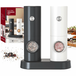 CIRCLE JOY Salz und Pfeffermühlen Elektrische 2er Set Batteriebetriebenen Gewürzmühle mit Basis, Weißem LED-Licht und Einstellbarer Grobheit, Schwarz-Weiß Akkubetriebenes Set mit Sockel - Schwarz Weiß (70ml)
