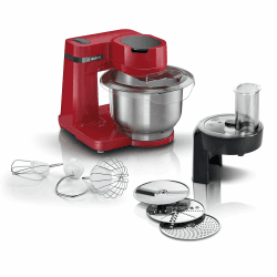 Bosch Küchenmaschine Serie 2 MUMS2ER01, Edelstahl-Schüssel 3,8 L, Planetenrührwerk, Knethaken, Schlag-, Rührbesen Edelstahl, Durchlaufschnitzler, 3 Scheiben, 700W, rot