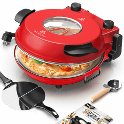 KESSER® Pizza-Ofen elektrisch bis 400 Grad | Elektrischer Pizzabäcker 1200W mit feuerfester Steinplatte & Timer Durchmesser 32cm | 5 Heizstufen & Sichtfenster | inkl. Pizzaschneider & Rezeptbuch Rot