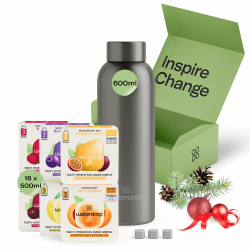 waterdrop® Geschenkset – Trinkflasche – 600ml Edelstahlflasche auslaufsicher - 18 zuckerfreie Getränkewürfel zum Auflösen - Kohlensäure geeignet – Premium Geschenkbox - ideal als Weihnachtsgeschenke Charcoal Gebürstet