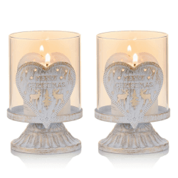 Sziqiqi 2er Set Vintage Kerzenleuchter Kerzenständer Kerzenhalter Windlichthalter aus Metall für Stumpenkerzen, Hurricane Kerzenständer Dekoration für Party Weihnachten Tisch Mantel Kamin, Weiß Weiß Herz × 2