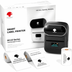Phomemo M110 Etikettendrucker Selbstklebend mit 3 Etikettenrollen,Bluetooth Etikettiergerät Beschriftungsgerät Thermo Barcode Labeldrucker für Einzelhandel,kleine Unternehmen,mit Handys & PC(Schwarz) Drucker + 3 Etiketten Schwarz