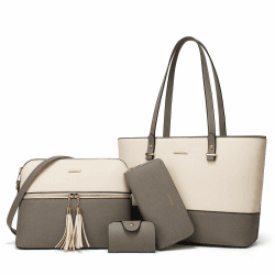 YTL Damen Handtasche Tote Shopper Groß Schultertasche Umhängetasche Geldbörse Kartenhalter Tasche 4-teiliges Set für Büro Schule Einkauf Reise Geschenk Grau-beige