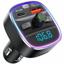 LENCENT Bluetooth 5.4 FM Transmitter Auto Adapter 48W [PD 30W & 18W] [7 Farben Licht] [Schnelles Aufladen] Kabelloser Radio Adapter für Musik und Freisprecheinrichtung, unterstützt USB-Laufwerk Bunt-48W