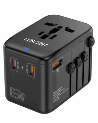 LENCENT Internationaler Reiseadapter,GaN III 65W Universal Reisestecker mit 1 USB-A & 3 USB-C PD Schnellladung,Steckdosenadapter für Typ A/C/G/I (USA/UK/EU/AUS) Steckdose, Schwarz 1 USB-A & 3 USB-C Schwarz