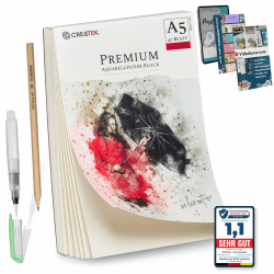 CreaTek Aquarellpapier A5 300g mit 40 Blatt [ Premium Qualität für brillante Aquarelle ] Naturweiß & Kaltgepresst Aquarellblock A5 inkl. Gratis Zubehör & Videokurs - Aquarelle Papier A5 DIN A5 - 40 Blatt