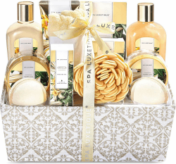 SPA LUXETIQUE Geschenk für Freundin - 12 tlg. Geschenkset Vanilleduft mit Badesalz, Badebomben, Duschgel, Handcreme, Haarturban mit Knopf, Bade Geschenkset zum Weihnachten, Muttertagsgeschenk