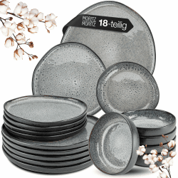 Moritz & Moritz ORGANIC 18-teiliges Geschirrset 6 Personen Grau - Elegantes Teller Set aus hochwertigem Steinzeug - Geschirr Set 6 Personen aus 6x Dinnerteller, 6x Dessertteller, 6x Suppenteller Geschirrset (6 Pers.)