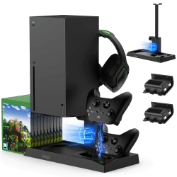 Auarte 5 in 1 Vertikaler Kühlständer für Xbox Series X Zubehör mit Controller Ladestation und Lüfterkühler, Headset Halterung und Spiele Aufbewahrung für Xbox Series X Konsole (2stk 1400mAh Akkus) Schwarz