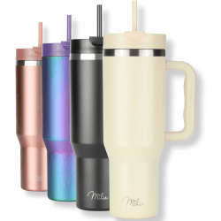 Milu Thermobecher 1200ml mit Strohhalm und Henkel – 48h Eis/24h kalt/12h heiß Edelstahl Tumbler 40oz mit Griff - Isolierbecher to go - Isolierflasche Trinkflasche doppelwandig isoliert (Beige, 1,2L) 1200 ml Beige