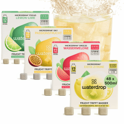 waterdrop® Microdrink Tropical Mix, 48 Waterdrop Drops Würfel, 4 fruchtige Sorten inklusive Eistee ZITRONE, Zuckerfreies Getränkpulver, Geschmack für Wasser, kalorienarm und wertvolle Vitamine
