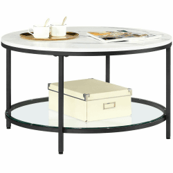 VASAGLE Couchtisch, Wohnzimmertisch, Sofatisch, für Wohnzimmer, mit Glasplatte, viel Stauraum, einfacher Aufbau, moderner Stil, marmorweiß-tintenschwarz LCT071B13 80d cm Marmorweiß + Tintenschwarz