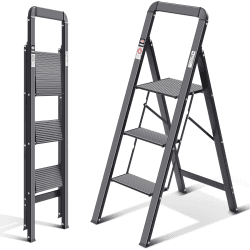 KINGRACK Leiter Aluminium, Trittleiter 3 Stufen klappbar, Leiter 3 Stufen mit Handlauf Belastbar bis 150 kg, rutschfeste Haushaltsleiter mit Klappsicherung, Aluleiter für Zuhause, Büro,Garten,Schwarz Schwarz 3 Stufen