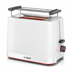 Bosch Kompakt Toaster MyMoment TAT3M121, entnehmbarer klappbarer Brötchenaufsatz, mit Auftaufunktion, Abschaltautomatik, Liftfunktion, Brotzentrierung, ideal für 2 Scheiben, 800 Watt, Weiß matt Brotaufsatz klappbar Weiss