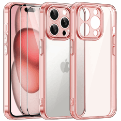 ivoler 3 in 1 Hülle für iPhone 15 Pro 6.1 Zoll, mit 2 Stück Schutzfolie, [Nie Vergilbung] [Militärischer Schutz] [Kameraschutz] Dünn Transparent Stoßfest Schutzhülle Kratzfest Case - Rosa iPhone 15 Pro 6.1 Zoll Rosa