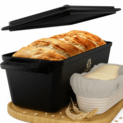 KAISERTAL 28cm Brotbackform mit Deckel + Gärkorb - Eingebrannte Backform aus Gusseisen - Brottopf zum Backen - Brotbacktopf, Brotform, Brottopf - Kastenform mit Deckel inkl. Backen Zubehör Kastenform mit Gärkorb