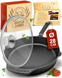 KRUSTENZAUBER 28cm Gusseisenpfanne Induktion Set - Voreingebrannte Gusseisen Pfanne - Ideale Grillpfanne Induktion, Eisenpfanne, Cast Iron Pan, Bratpfanne, Gusseiserne Pfanne Skillet Gusspfanne