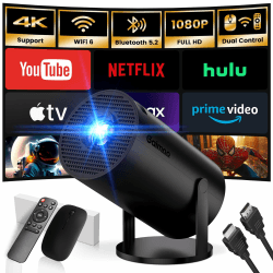 [Bulit-in App] Mini Beamer 1080P FHD 2024 Upgraded Projektor Portable Dual Control mit Maus Android TV WiFi 6 BT5.2 180° Verstellbar HDMI/TV Stick/USB/PS5, mit HDMI-Kabel und Maus,Schwarz