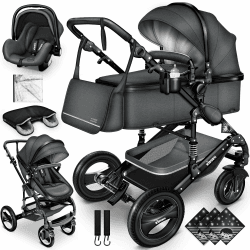 KIDUKU® 3 in 1 Kinderwagen Komplettset | Kombikinderwagen Set inkl. Babywanne & Buggy Sportsitz & Auto-Babyschale Fußsack | Vollgummireifen Wickeltasche Handwärmer Regenschutz Kindertisch ECE R129 Anthrazit / Schwarz