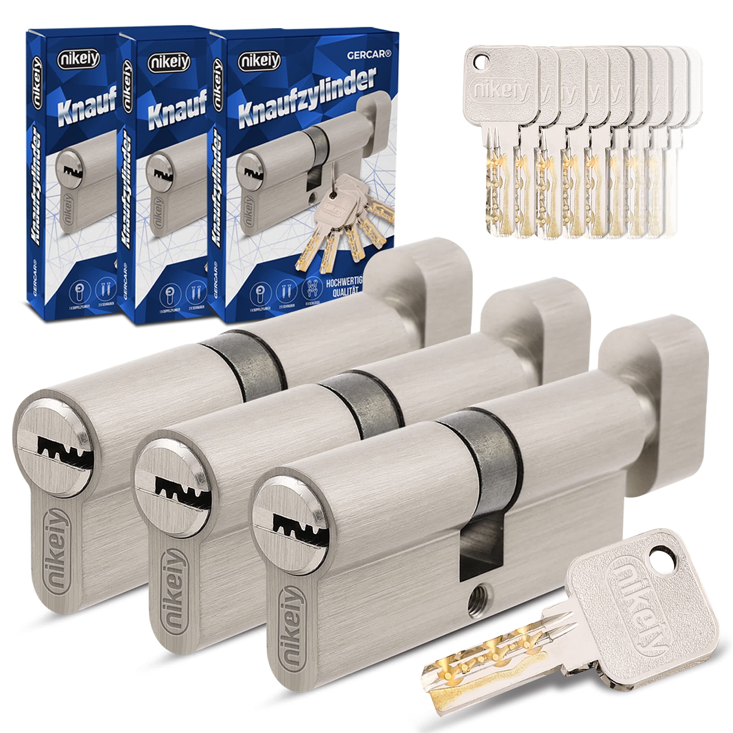 GERCAR Pro Gleichschließend 3 Knaufzylinder 45/45 Set 3x Schließzylinder mit Knauf inkl. 15 Schlüssel - 90 mm Türschloss Zylinderschloss 3er Zylinder - Länge: 90mm, A:45 B:45 - Messing matt massiv (Pro) 90 mm 45/45 - Knauf 3er Set (Gleichschließend)